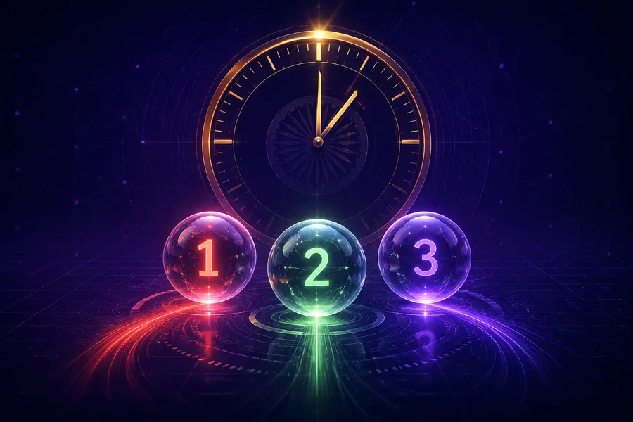 Three glowing numbered reference balls with an IST clock motif