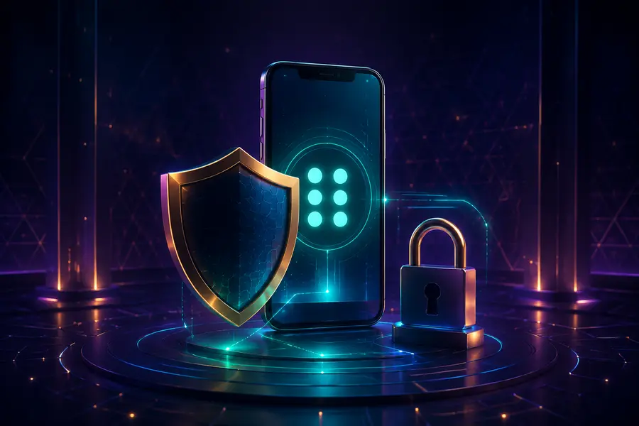 Cybersecurity shield protecting a smartphone and OTP symbols